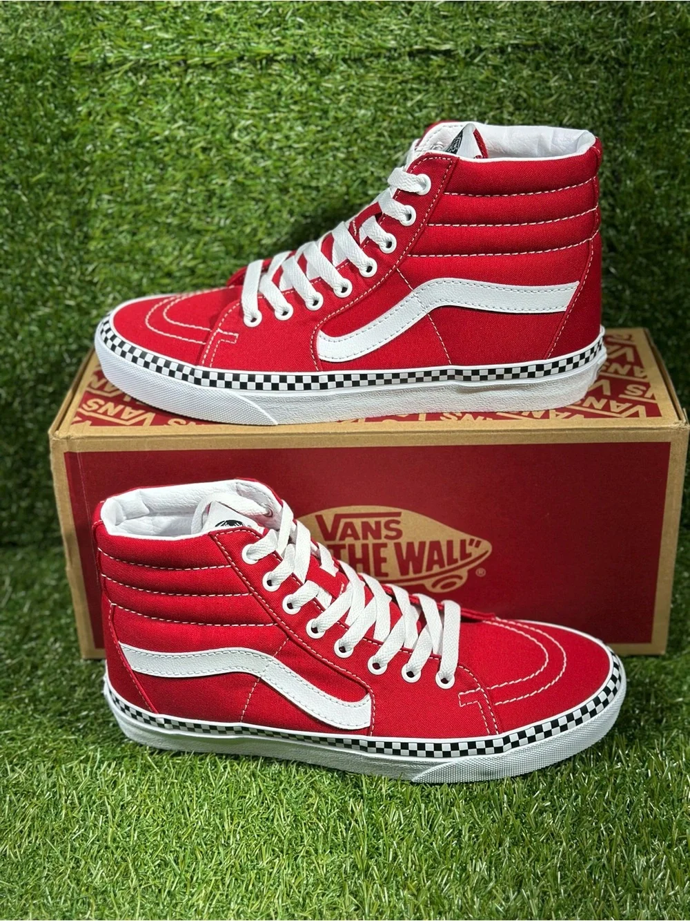 Vans SK8-HI  Check Foxing, Red/White with Checkerboard Trim, Men’s 8,VN0A38GEVS5